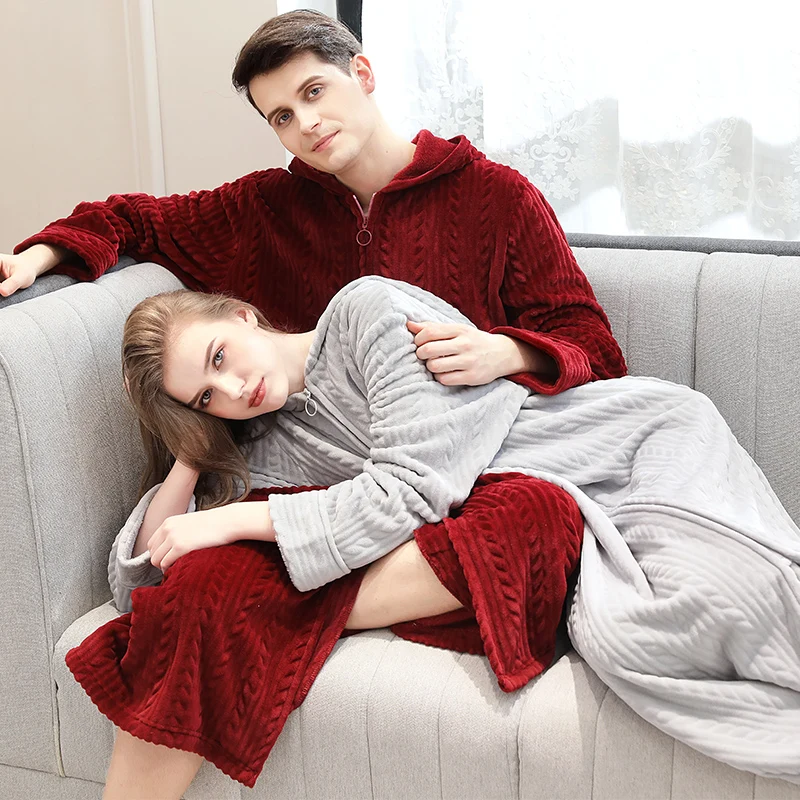 Women Winter Plus Size Long Warm Flannel Bathrobe Zipper Hooded Bath Robe Pregnant Coral Fleece Dressing Gown Men Sleepwear Spa