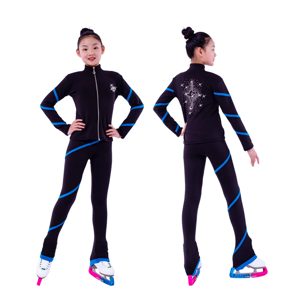 Customized Figure Skating Suits Jacket and Pants Long Trousers for Girl Women Training Ice Skating Warm black pink Mesh sleeve