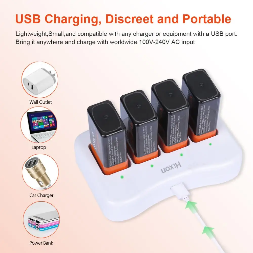 9V 6F22 Protected 850mAh Rechargeable Li-ion Battery&Charger For Smoke Alarm, Fire Alarm, Multimeter,Radio Microphone