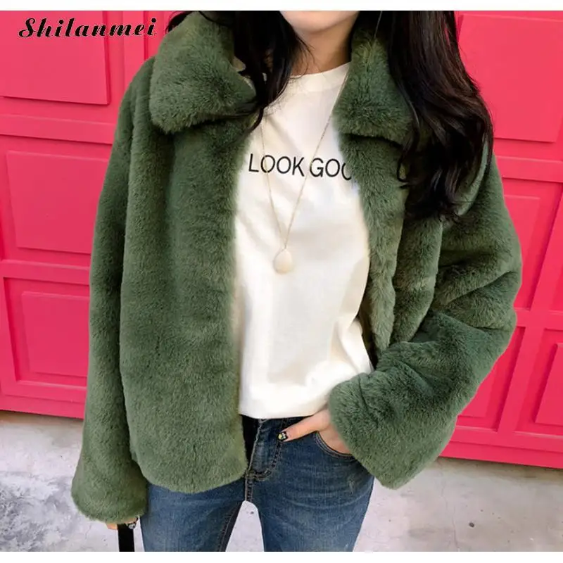 Plus Size Harajuku Faux Fur Coat Women Fashion Solid Green Cropped Fur Jacket Furry Winter Coat High Street Thick Ladies Outwear