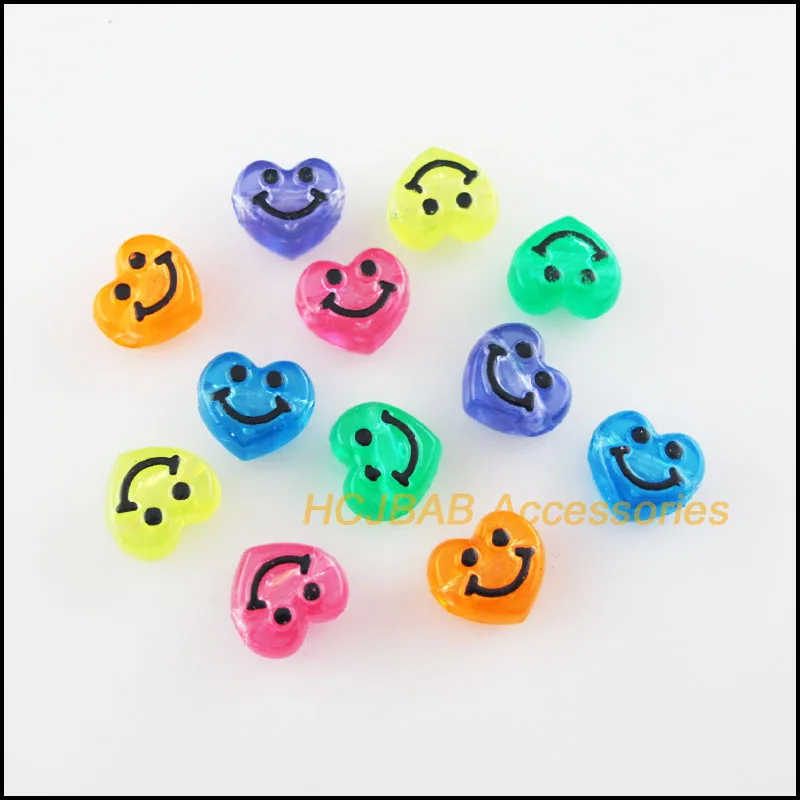 60Pcs Luminous Mixed Acrylic Plastic Smile Heart Spacer Beads Charms 10mm