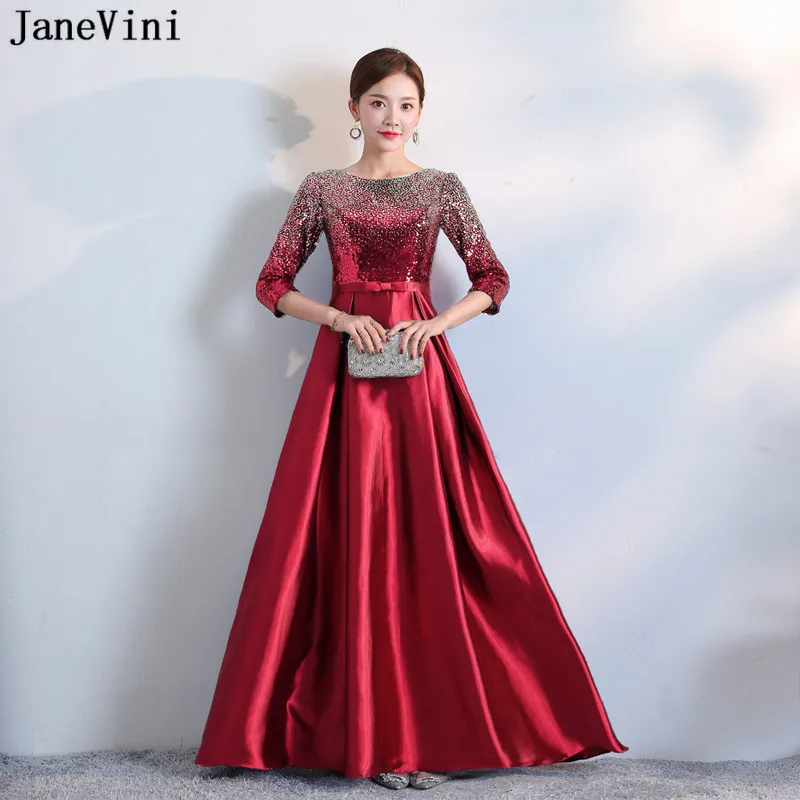 

JaneVini 2021 Burgundy Bridesmaid Dresses Long Sequins Satin Half Sleeve Woman Wedding Party Dress Formal Gown Purple Femme Robe