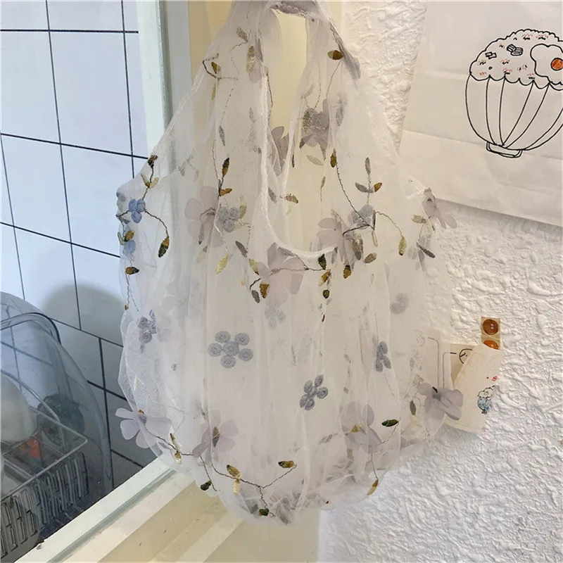 Korean Ins Translucent Tulle Embroidery Flower Bag Floral Fairy Small Fresh Net Yarn Hand Bag Student Female Beach Handbags 2024