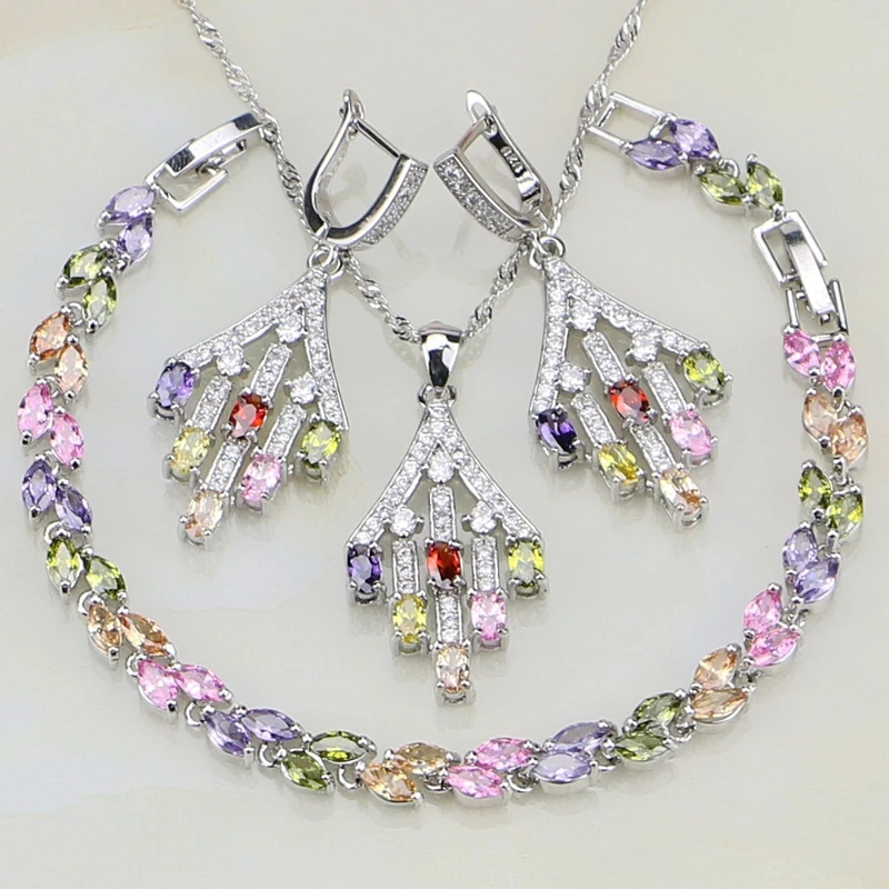 Wholesale 925 Silver Jewelry Multicolor Cubic Zirconia White Stones Jewelry Sets For Women Earrings/Pendant/Necklace/Bracelet