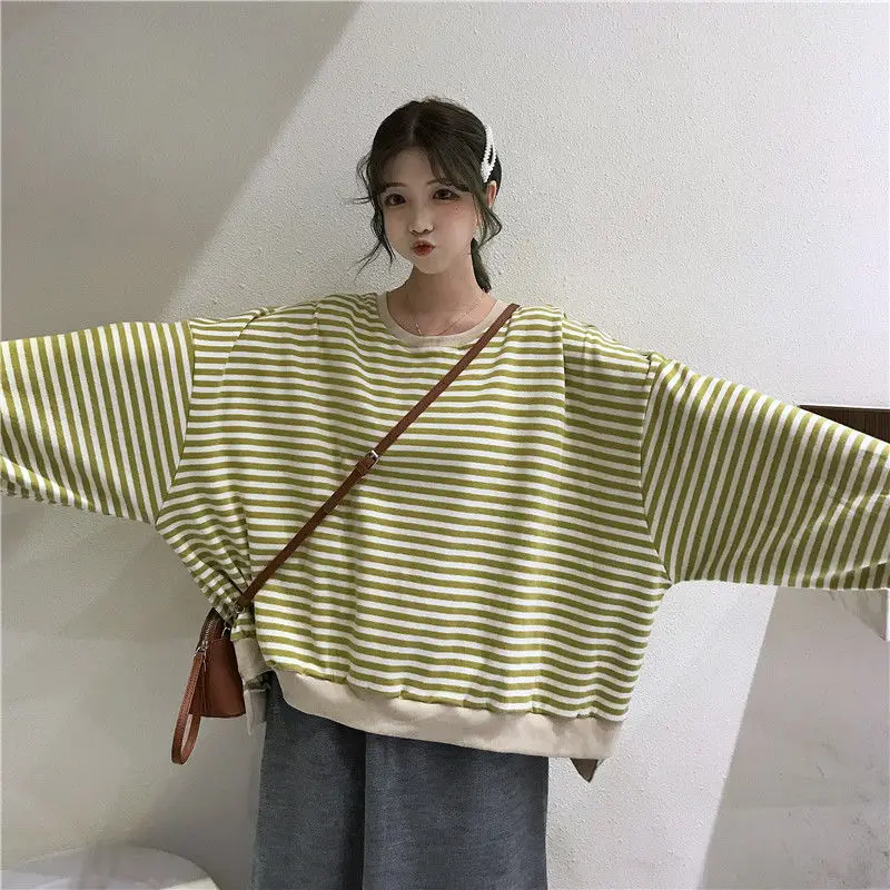 No Hat Hoodies Women Striped Spring Thin Casual Loose Womens Sweatshirt Korean Style Simple Fashion Preppy-style Student Ulzzang