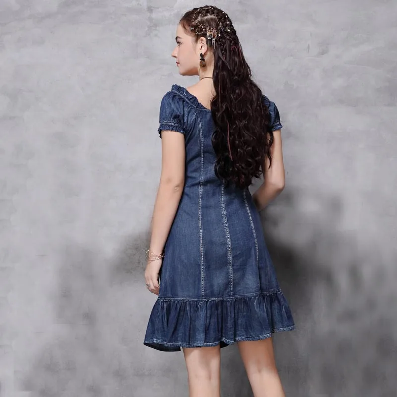 Women's Vintage Short Mini Sleeve Denim Cotton Dress, Slash Neck Slim Dresses, New Fashion, S-XL, 2024