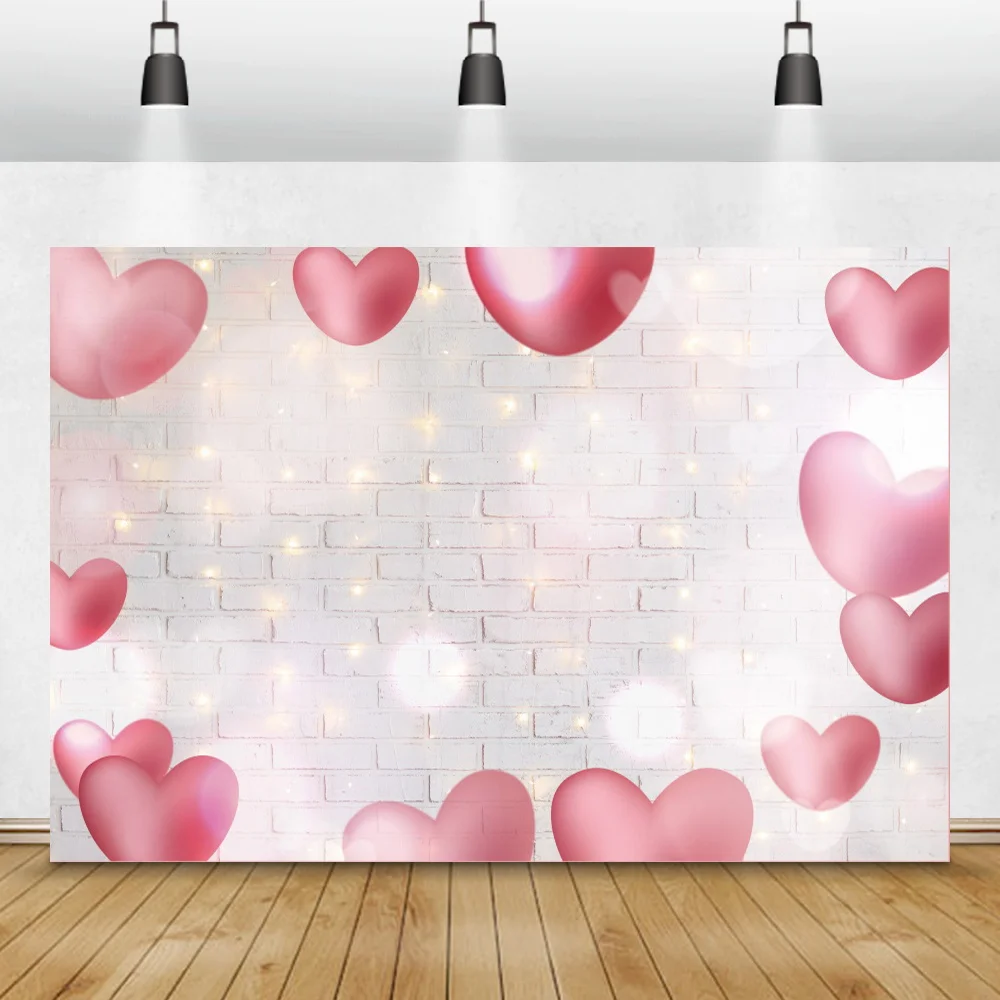 White Brick Wall Love Heart Balloons Photography Background Baby Shower Birthday Wedding Decor Shiny Polka Dots Photo Backdrop