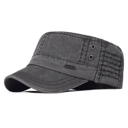 Men Washed Cotton Military Hats Adjustable Unique Design Vintage Casual Flat Top Cap with Air Hole Black