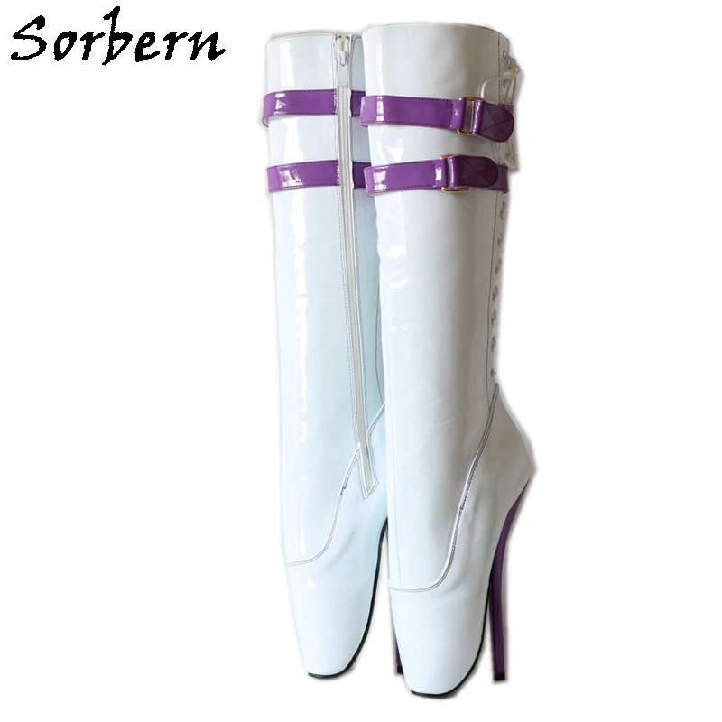 Sorbern Fashion White Purple Straps Ballet High Heel Women Boots Knee High Stilettos Side Zipper Lace Up Wide Fit Calf Boot Lady