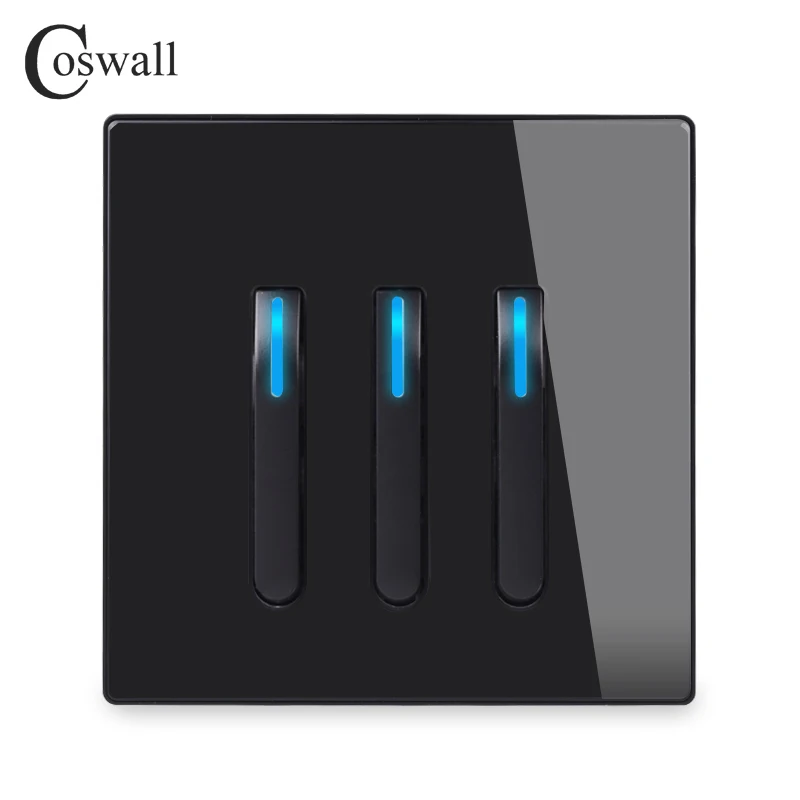 COSWALL 1/2/3/4 Gang 1/2 Way Piano Key Design On / Off Wall Light Switch Backlight Data CAT6 HDMI USB Charging Glass Panel Black