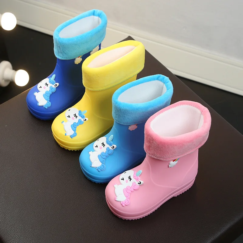 New Kids Rain Boots For Girls Rubber Rainboot Boys Baby Girls PVC Warm Children Waterproof Shoes Modis Cartoon Unicorn Removable