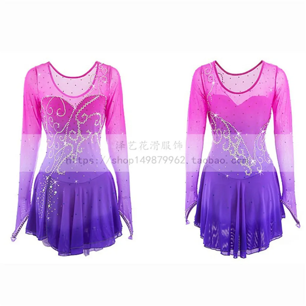 LIUHUO Figure Skating Dress Women\'s Girls\' Ice Skating Dress Competition Long sleeve pink purple Shiny rhinestone KidsRound neck