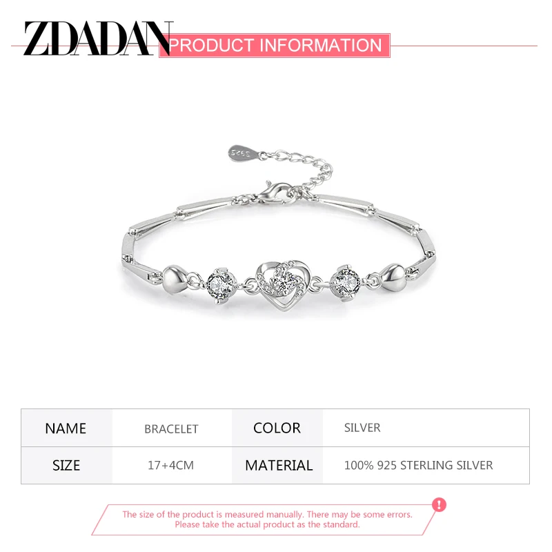 ZDADAN 925 Sterling Silver Heart Zircon Bracelet For Women Fashion Gift Wedding Jewelry