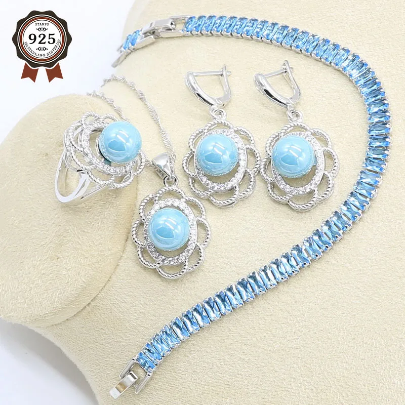 2022 Blue Freshwater Pearl 925 Silver Jewelry Set for Women Bracelet Earrings Necklace Pendant Ring Gift Box