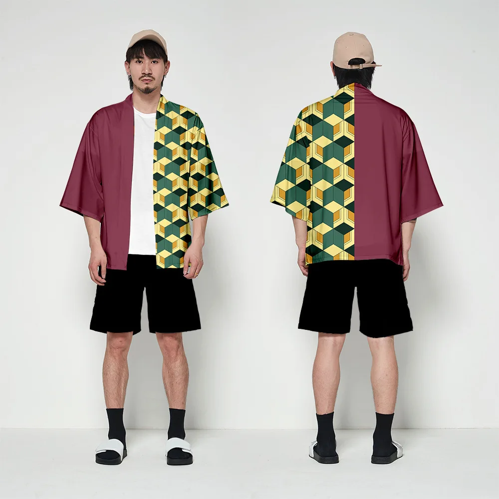 Kimetsu No Yaiba Kamado Tanjirou Cosplay-Kostüm – Kimono-Cardigan Mit Ohrringen & Gürtel, Größe Wählbar