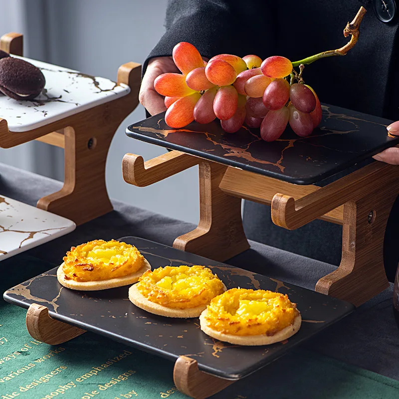 Marbling Ceramic Cake Rack Afternoon Tea Snack Double Wooden Frame Snack Table Decoration Fruit Plate Dessert Plate