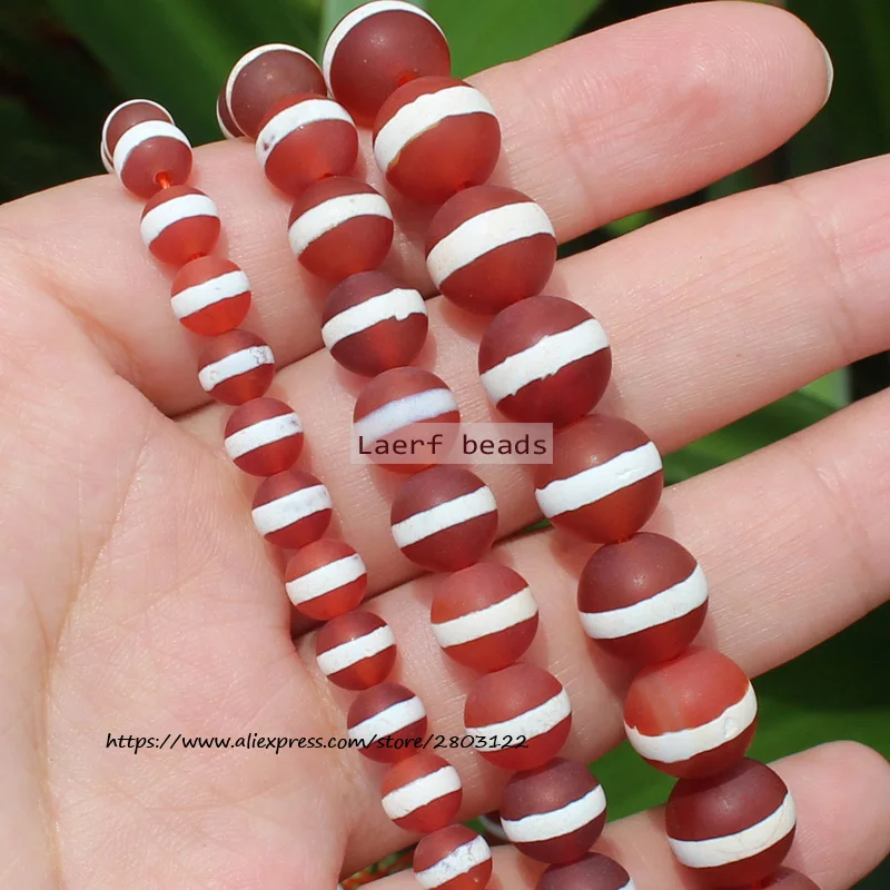 Natural Matte/Frost Red 1Line Dzi Agate 6-10mm Round space beads, For DIY Necklace Bracelet Jewelry Making !