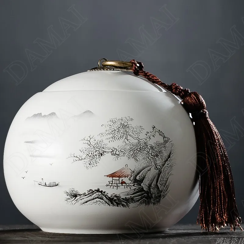

Hand Painted Ceramic Tea Tin with Lid Flowers Decorative Tea Storage Container Ink Painting Canister Set Kitchen Organizer Box