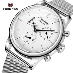 Forsining Power Reserve Design Automatic Mechanical Watch White Dial Mesh Belt Waterproof Luminous Hand Date Clock Box Free Ship