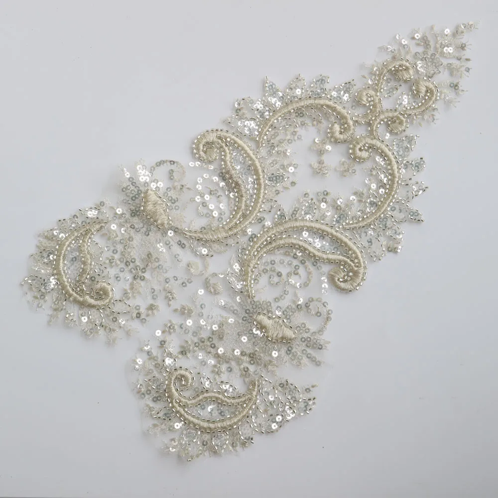 Appliques di pizzo con perline di fiori di perle di lusso per abiti da sposa patch di applique in pizzo con strass ricami in pizzo ropa