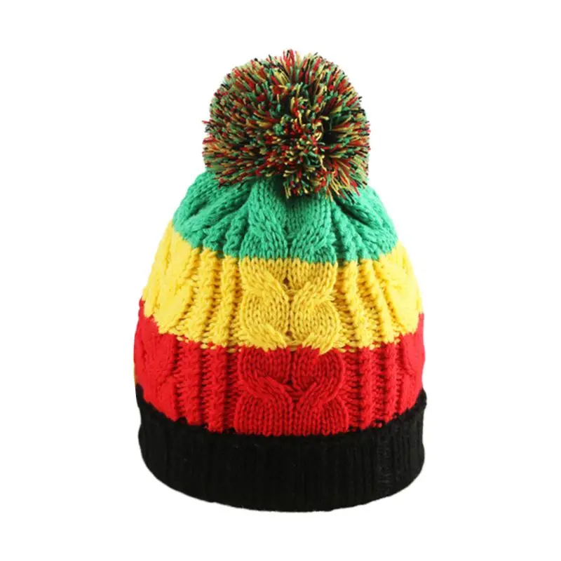 Unisex Winter Braided Knit Pompom Beanie Cap Rainbow Stripes Cable Crochet Warm Stretchy Hip Hop Jamaican Skullies Hat