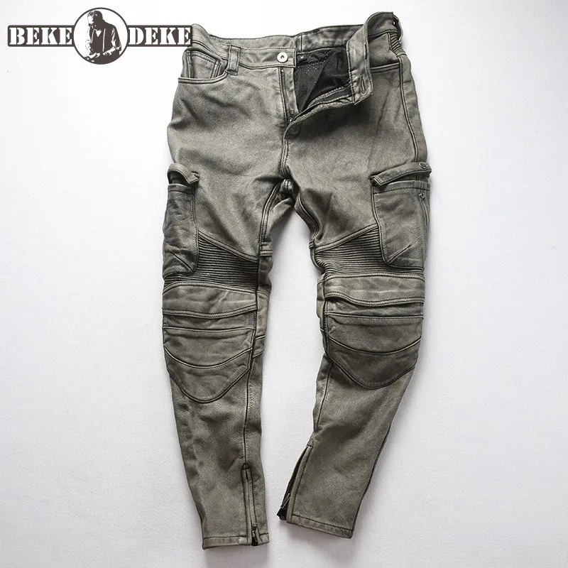 Mens Motorcycle Biker Genuine Leather Pants Real Cowhide Slim Pencil Design Men Cargo Trousers