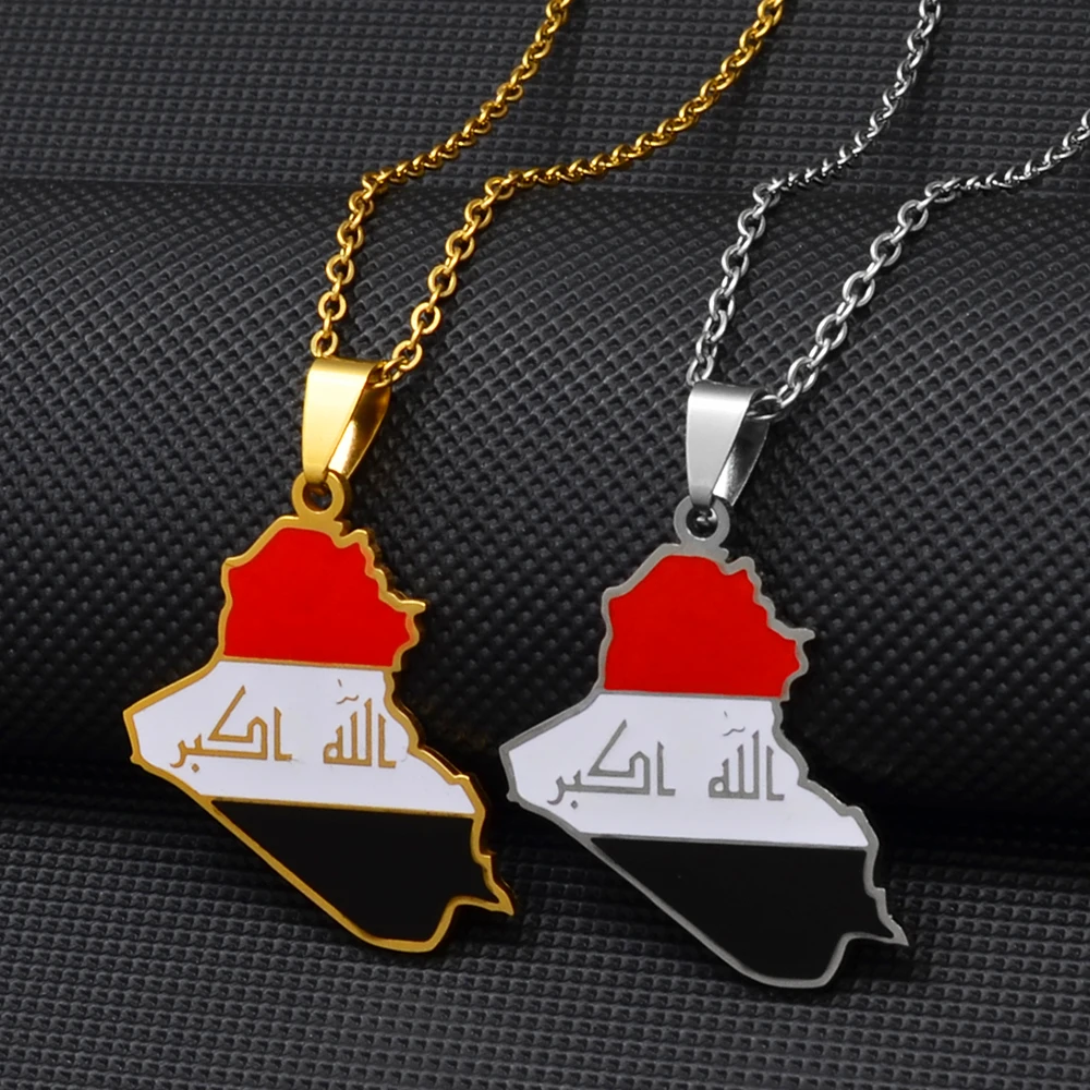 Anniyo Republic Of Iraq Map Flag Pendant Necklaces Jewelry Charms Map Of Iraq Chain Necklace #267721