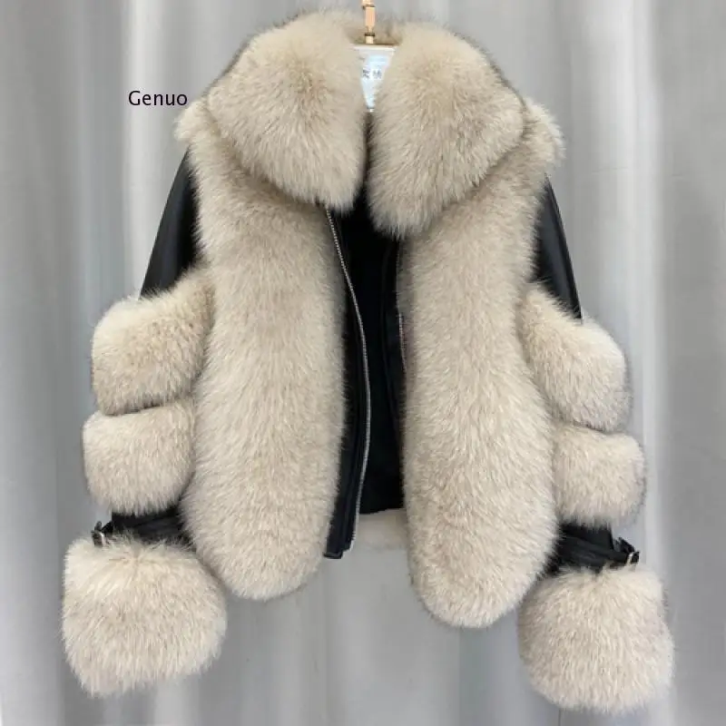 Women Faux Fox Fur Coat Imitation Sheepskin Leather Jacket Fluffy Fake Fox Fur Coats with Plush Fur Collar Winter Thick Overcoat