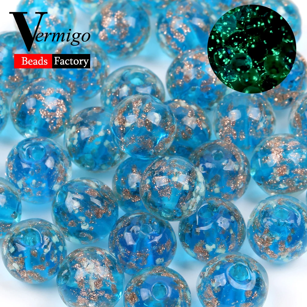 10mm Round Beads Lake Blue Luminous Lampwork Glass Spacer Beads for Jewelry Making DIY Bracelets Necklace Crafts Findings