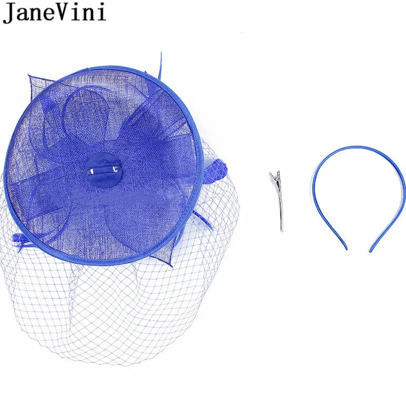 JaneVini Fascinator Wedding Hats for Women Elegant Feather Mesh Bridal Party Headdress Woman Ivory Blue Wedding Hats Haarschmuck