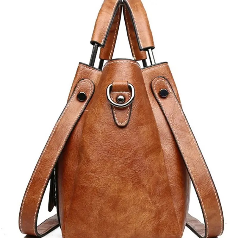 Our shop hot style women\'s bag 2021 new oil leather iron thick thread bucket bag one shoulder cross-slung handbag  S7