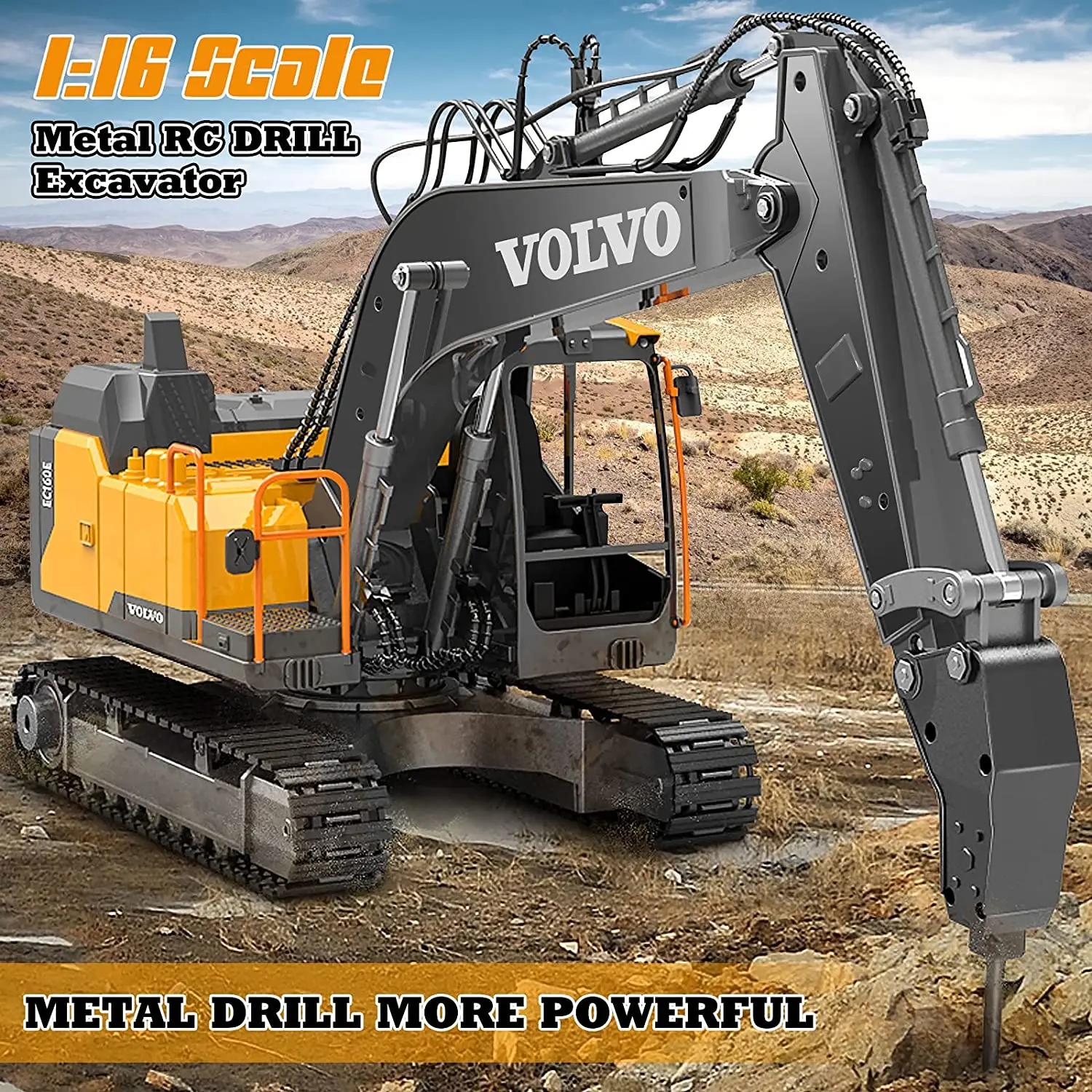 RC Excavator 3 in 1 Construction Metal Remote Control Excavator Shovel Drill 17 Channel 1/16 Full Functional Electric