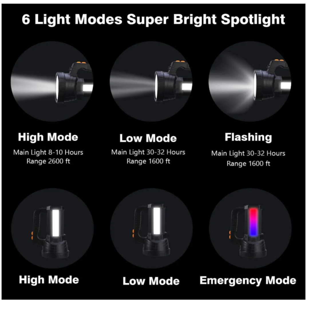 LED Handheld Spotlight Flashlight, Super Bright, Waterproof, 6 Lighting Modes, 6000 Lumen