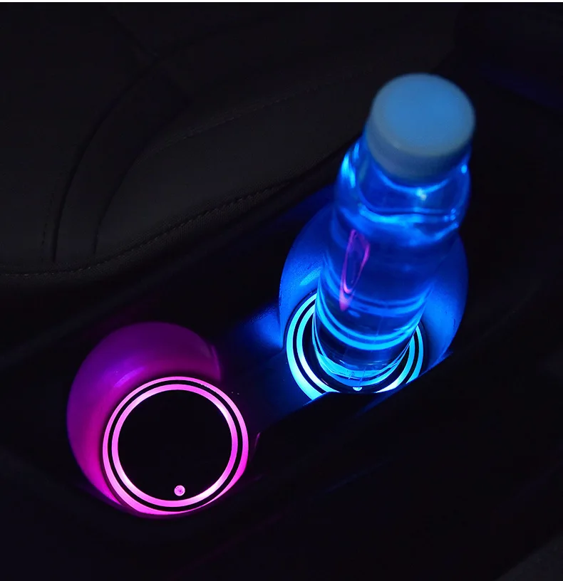 2 Pcs 7 Colors Car LED Cup Holder Light Mats Car Coasters Bottle Atmosphere Light Constellation Backlight LED Cup Holder Pads