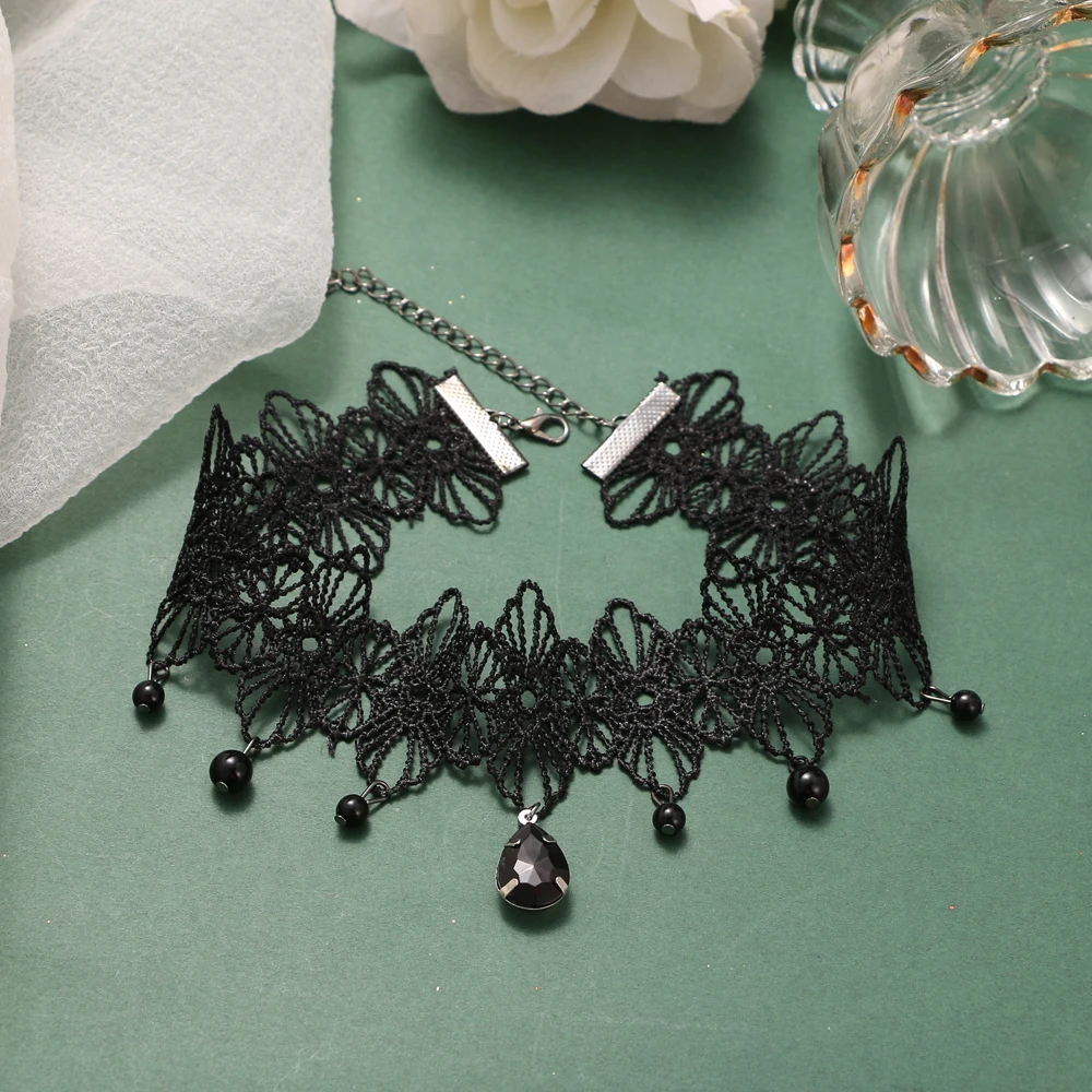 fashion Gothic Victorian Crystal Beads Tassel Tattoo Choker Necklace Black Lace Choker Collar Vintage Women Wedding Jewelry