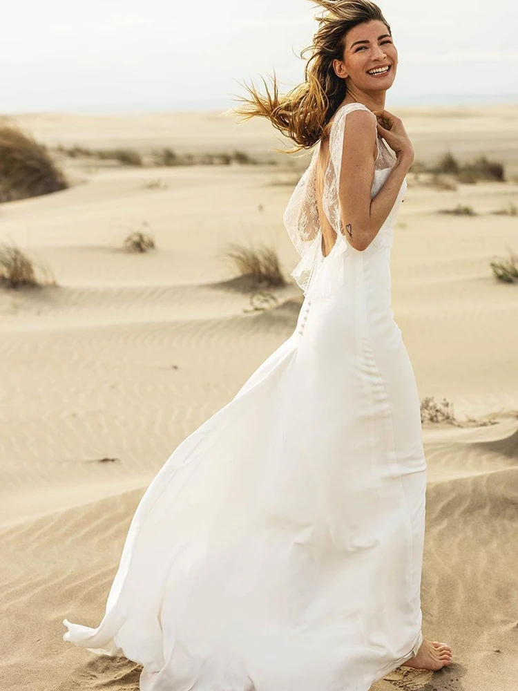 Vestidos de casamento boêmio praia simples laço vestido de noiva sem costas manga curta robe de mariee branco a line até o chão chiffon