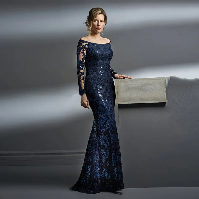 2021 Nieuw Elegant Royal Blue Lace Moeder Van De Bruid Jurken Mermaid Off Shoulder Lange Mouwen Bruiloft Gast Jurken Geappliceerd