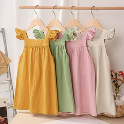 Girls Cotton And Linen Strap Dress Summer New Style Children's Sleeveless Button Casual Loose Baby Princess Dresses