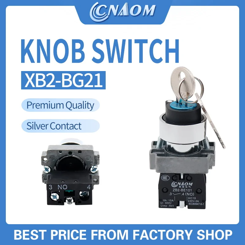 XB2-BG21 BG25 BG33 22M Metal Key Switch Rotary Knob Switch Industrial Machine  2 3 Position Self-lock Latching Reset Momentary