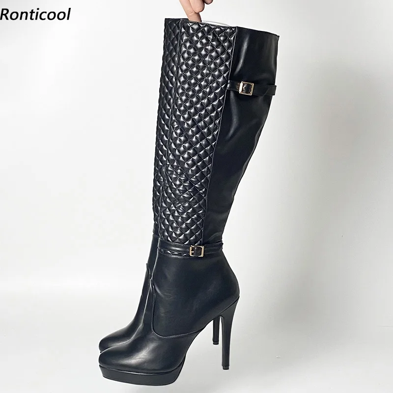 

Ronticool Handmade Women Winter Platform Knee Boots Buckle Strap Sexy Stiletto Heels Round Toe Black Club Shoes US Size 5-20