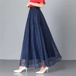 Elastic High Waist Lace Skirts Women Spring Summer Skirt Korean Elegant Casual A-line Black Blue Red Long Maxi Skirts W2362