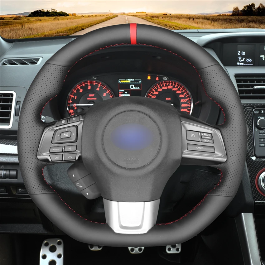 MEWANT Black Genuine Leather Hand Sew Soft Wrap Car Steering Wheel Cover for Subaru WRX STI Levorg STI 2014 2015 2016 2017-2021