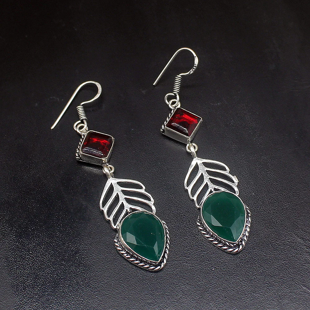 Gemstonefactory Big Promotion Single Unique 925 Silver Green Agate Garnet New Women Ladies Gifts Dangle Drop Earrings 20211775