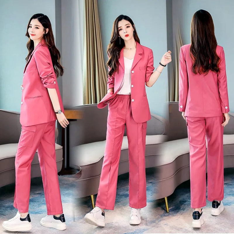 

Popular new fashion simple elastic waist suit pants suit workplace women's temperament elegant work clothes rose red two-piece