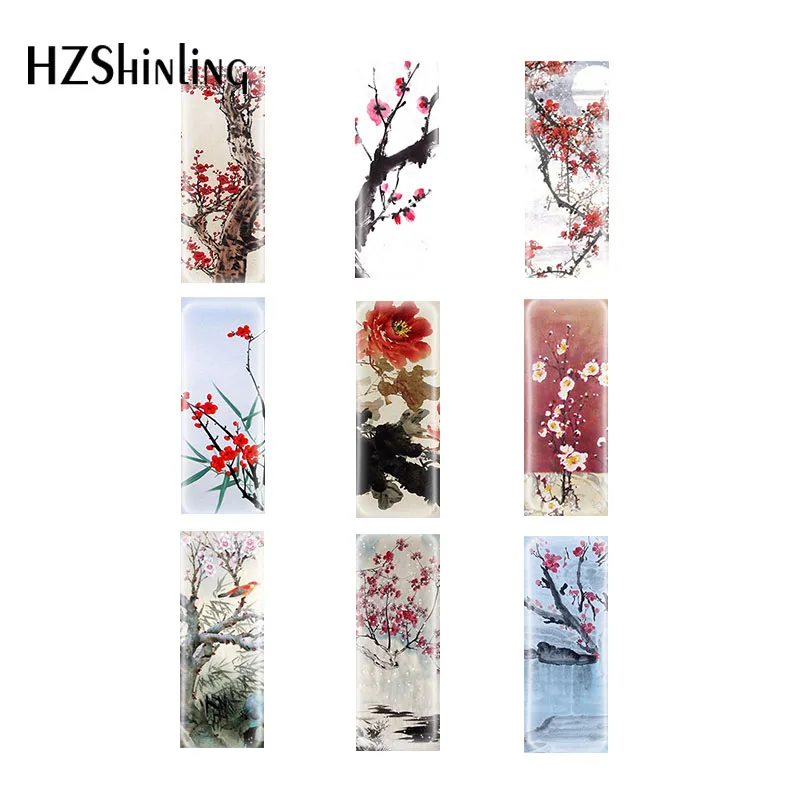 10pcs Snow plum-blossom Chinese Paintings Rectangular Glass Cabochons Jewelry Findings & Components Semi Finished Jewelry