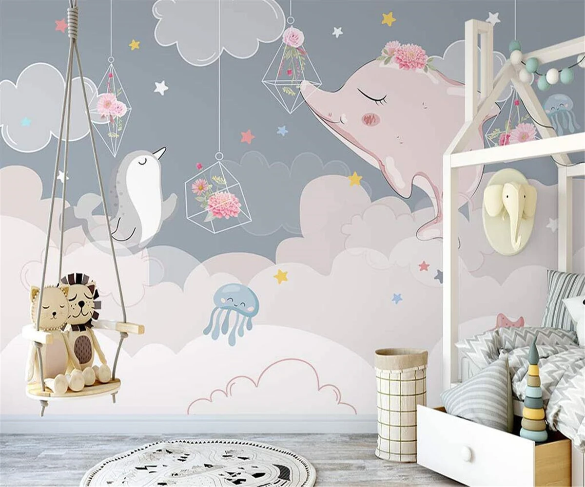 

beibehang Customize new Nordic hand-painted papier peint romantic sky pink cartoon animal children background wallpaper