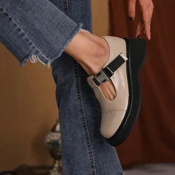 New Genuine Leather Slip-On Flat Platform Women's Shoes Fashion Belt Buckle Thick Heel Spring/Autumn Flats Size 34-43 Handmade