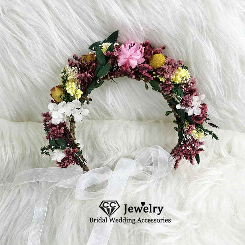 CC 100% Handmade Flower Hairbands Women Accessories Wedding Headpiece Bridal Headdress Romantic Wreath Dried Flowers Gift mq050