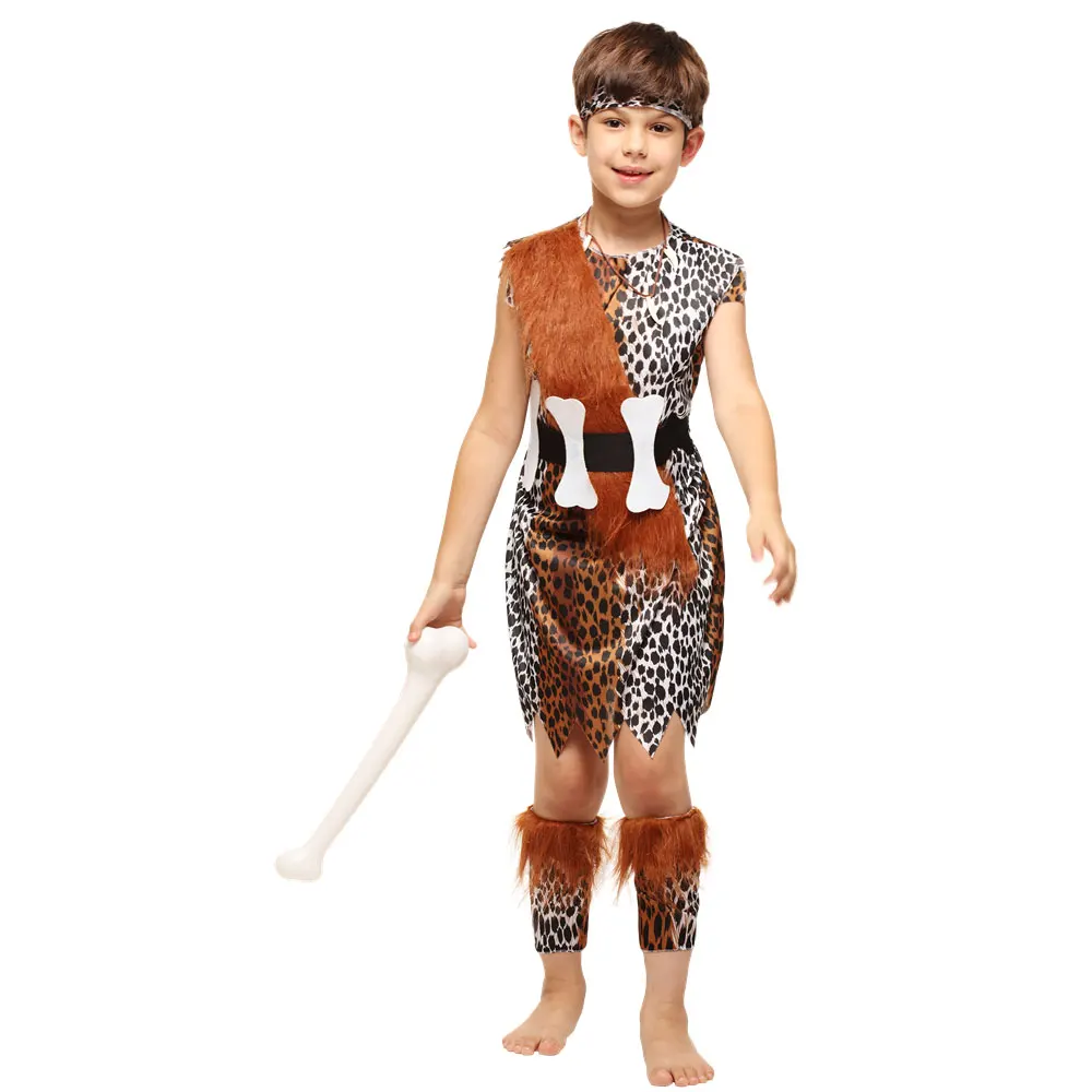 Costume de Caveboy et Cavegirl pour Enfant Garçon et Fille, Déguisement d'Halloween Primitif, Âge de Pierre Historique, Diversification