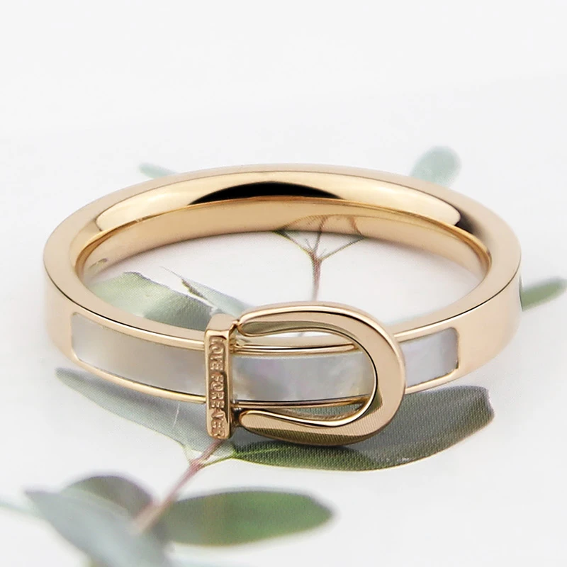 Unique Design Titanium Steel Strap Shape White Shell Ring For Women Love Gift Gold Color Jewelry Wholesale